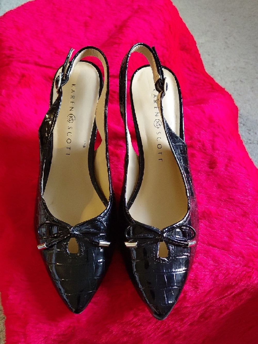 Karen Scott Black Patent Croc-Embossed Slingback Pointed Flats